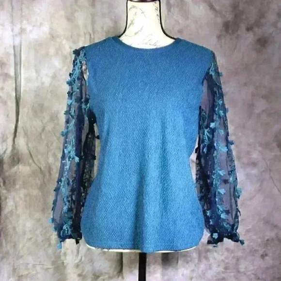 Shein Women's medium blue pullover stretch blouse with sheer long sleeves. - Picture 1 of 8